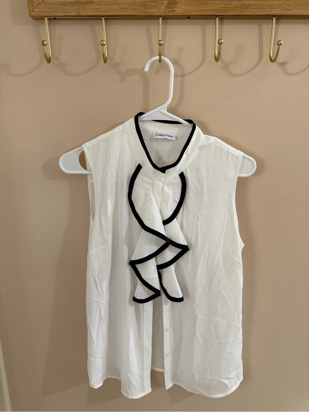 Calvin Klein White Sleeveless Ruffle Blouse with Black Piping